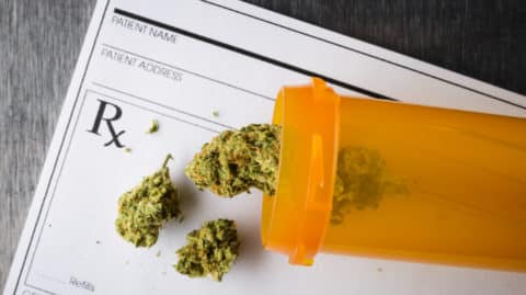 medical marijuana in pill jar over prescription