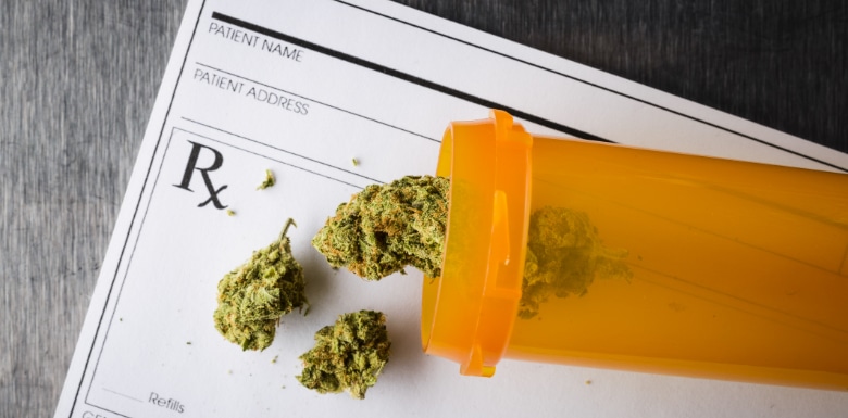 medical marijuana in pill jar over prescription