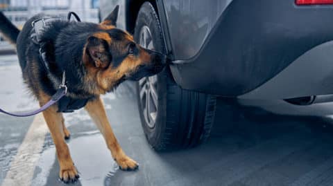 Drug sniffing dog examining car image